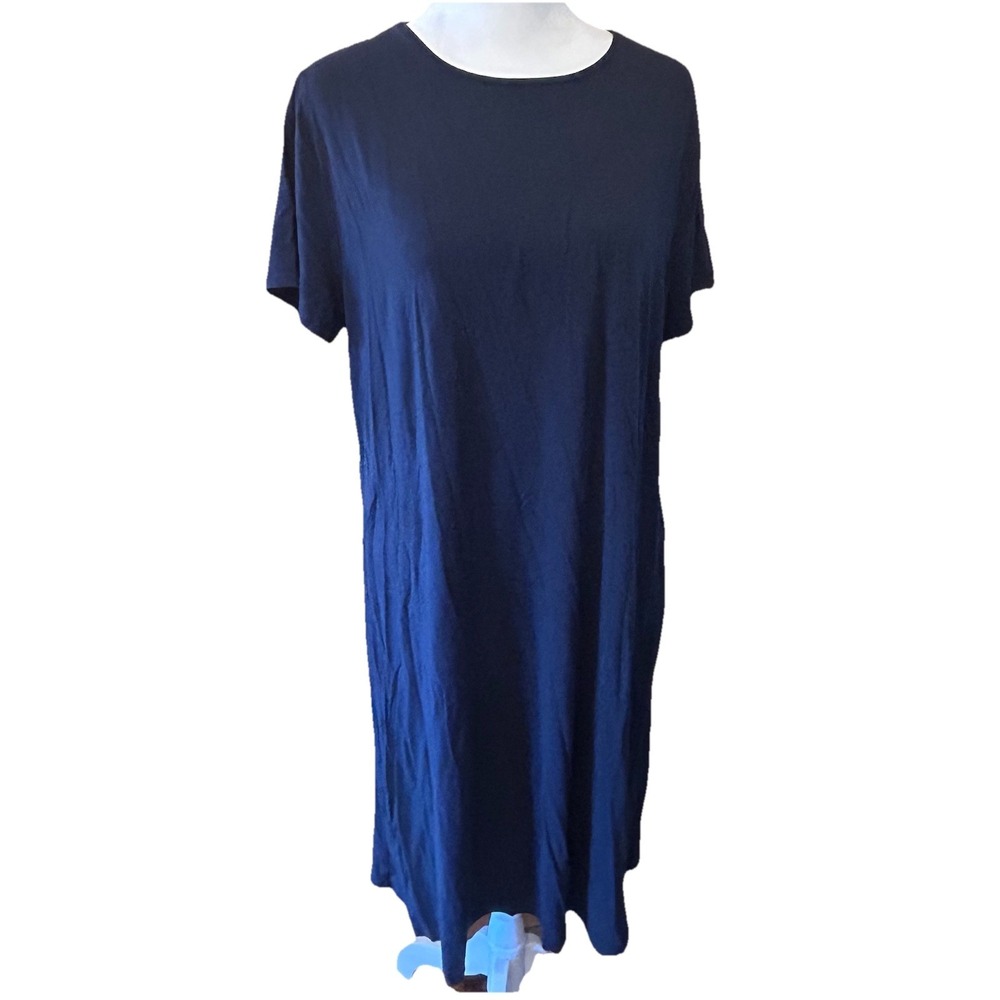 J. Jill Wearever Shift Dress Womens L Navy Blue Short Sleeve Keyhole Back